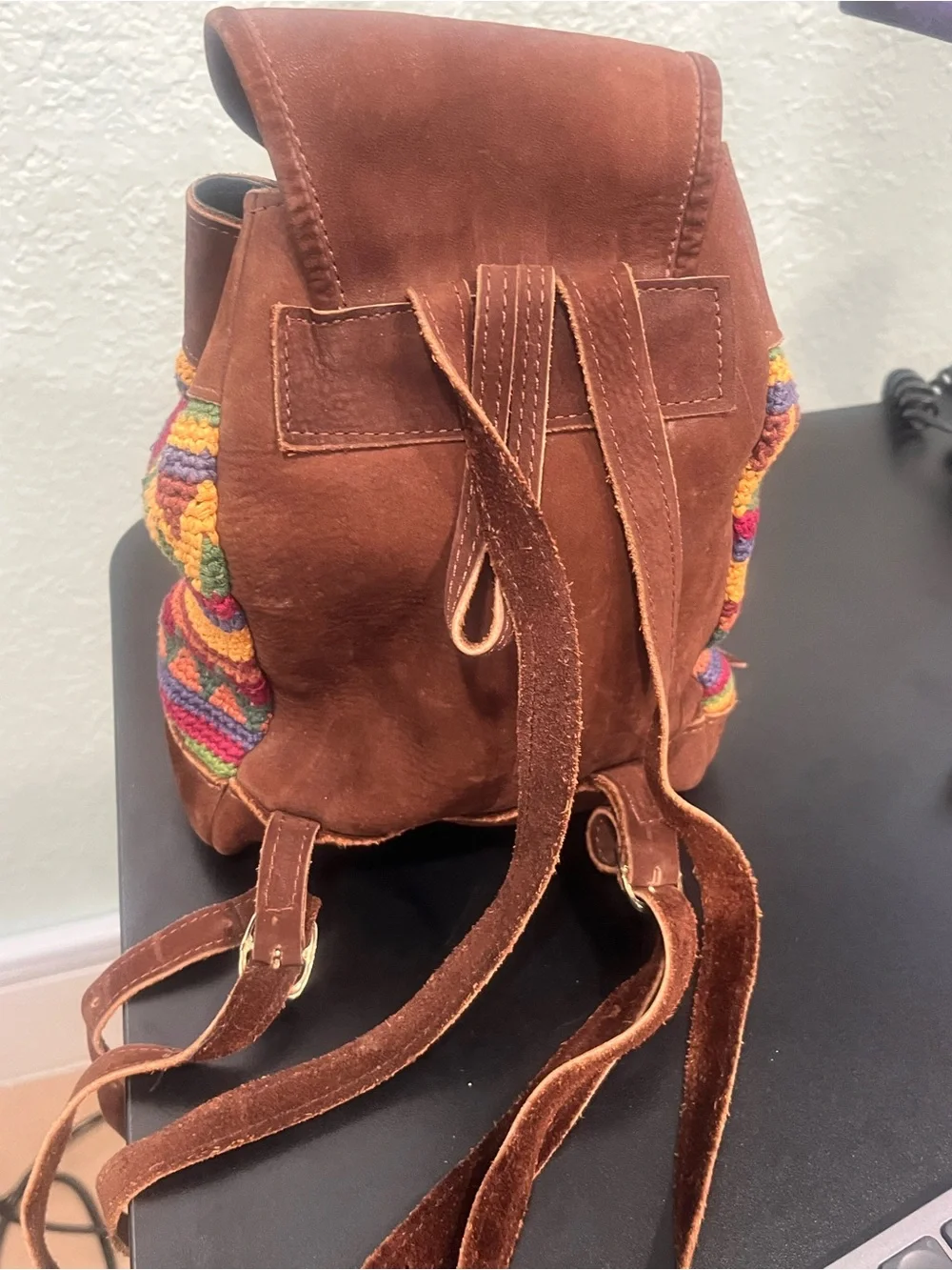 Handcrafted Multicolor Knit & Brown Suede and Leather Women's Small Backpack
